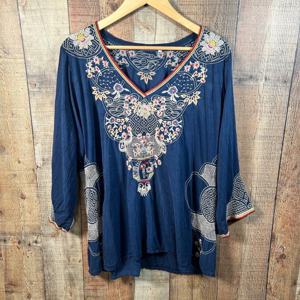 Johnny Was Peyton Blouse Blue Floral Embroidered Cupra Rayon Boho Tunic Top XL